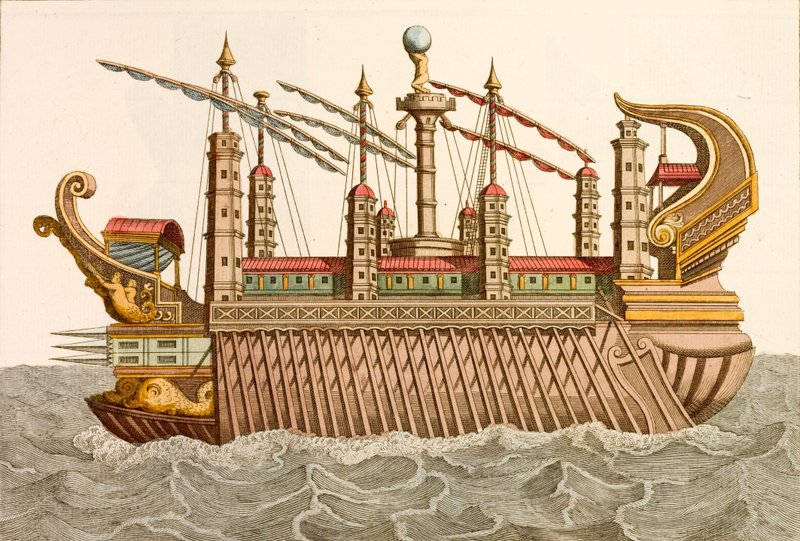 Gigantisk lekter av den romerske keiseren Caligula (farget gravering) av European School