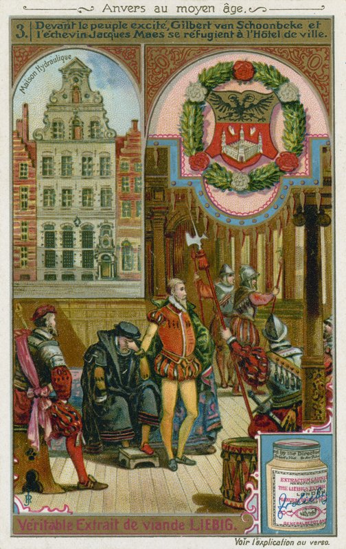 Gilbert van Schoonbeke og pensjonist Jacob Maes søker tilflukt fra befolkningen i rådhuset, 1500-tallet av European School
