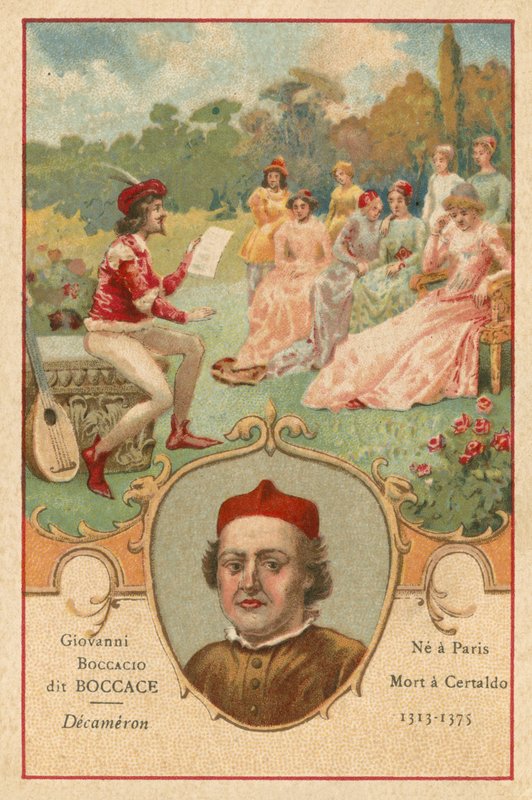 Giovanni Boccaccio, italiensk forfatter og poet, og en scene fra The Decameron av European School