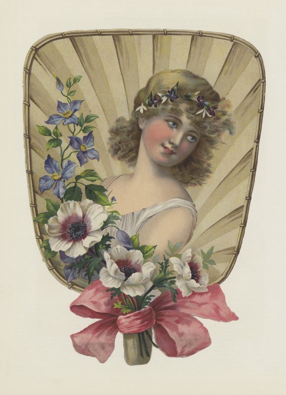 Jente med blomster (farge litho) av European School