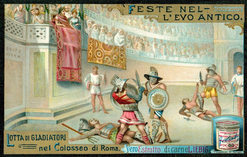 Gladiatorkamp i Colosseum, Roma (chromolitho) av European School