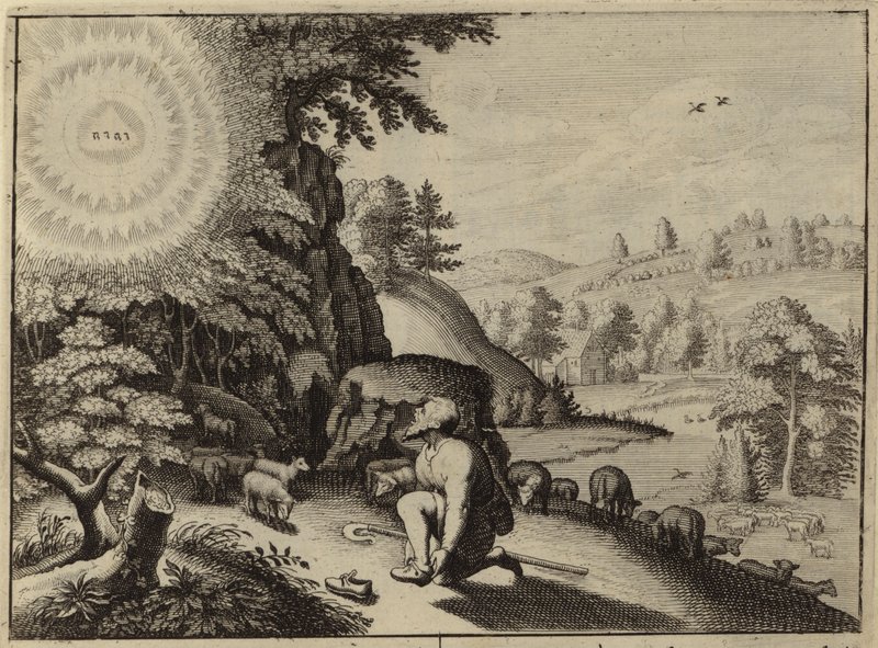 Gud viser seg for Moses i den brennende busken (gravering) av European School
