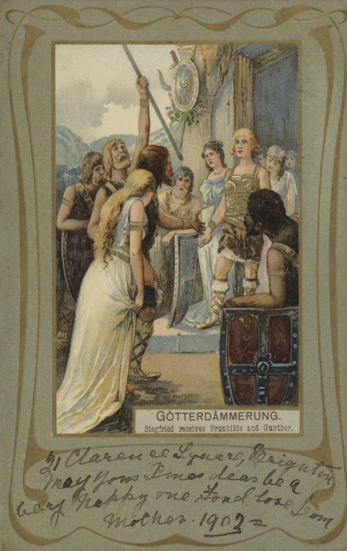 Gotterdammerung, Siegfried mottar Brunhilde og Gunther (farge litho) av European School