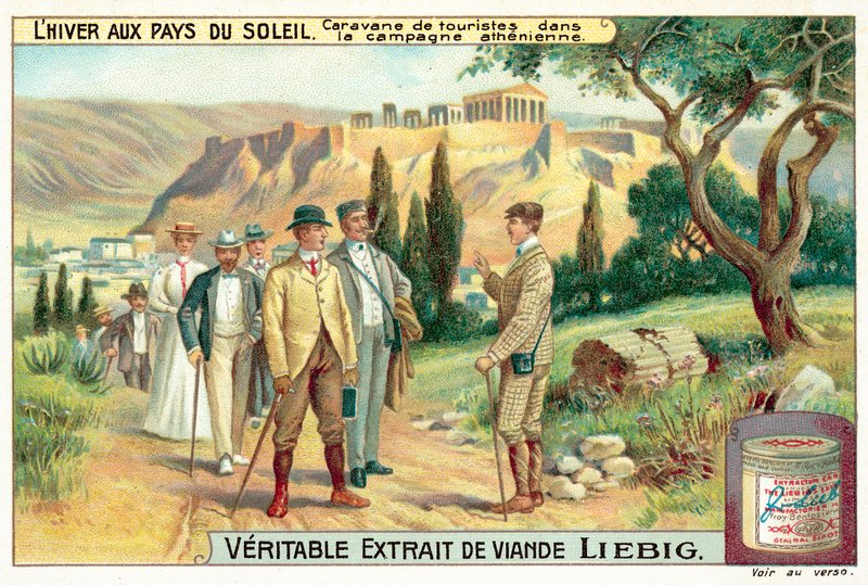 Gruppe turister på det athenske landskapet (chromolitho) av European School