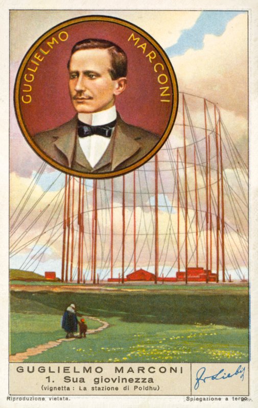Guglielmo Marconi, italiensk oppfinner og radiopioner, og hans trådløse stasjon i Poldhu, Cornwall (chromolitho) av European School