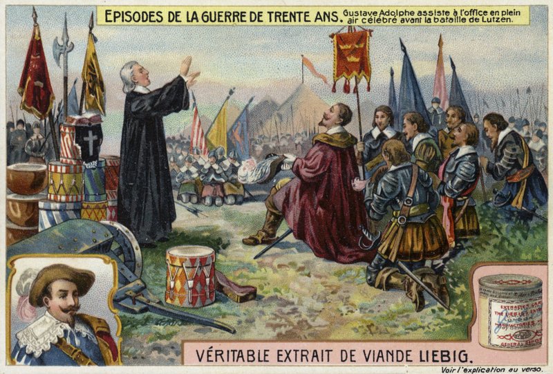 Gustavus Adolphus av Sverige deltar på en friluftstjeneste før slaget ved Lutzen, Tyskland, 1632 av European School