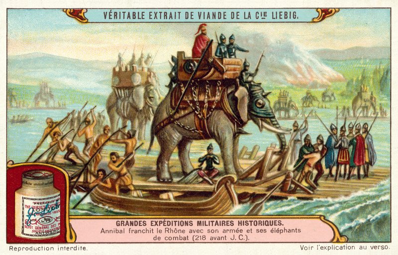 Hannibal krysser Rhone med sin hær og elefanter, 218 f.Kr. (chromolitho) av European School