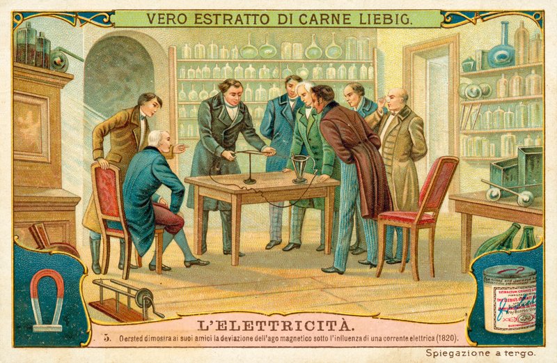 Hans Christian Oersted viser vennene sine avviket til den magnetiske nålen under påvirkning av en elektrisk strøm, 1820 av European School