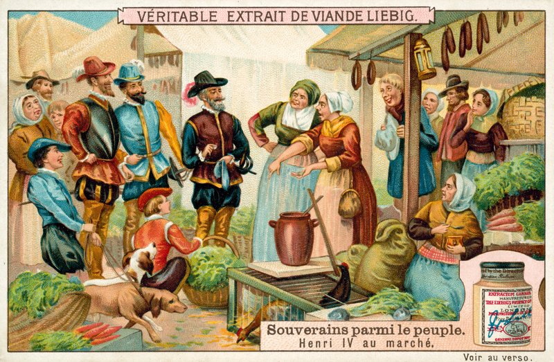 Henry IV av Frankrike på et marked (chromolitho) av European School