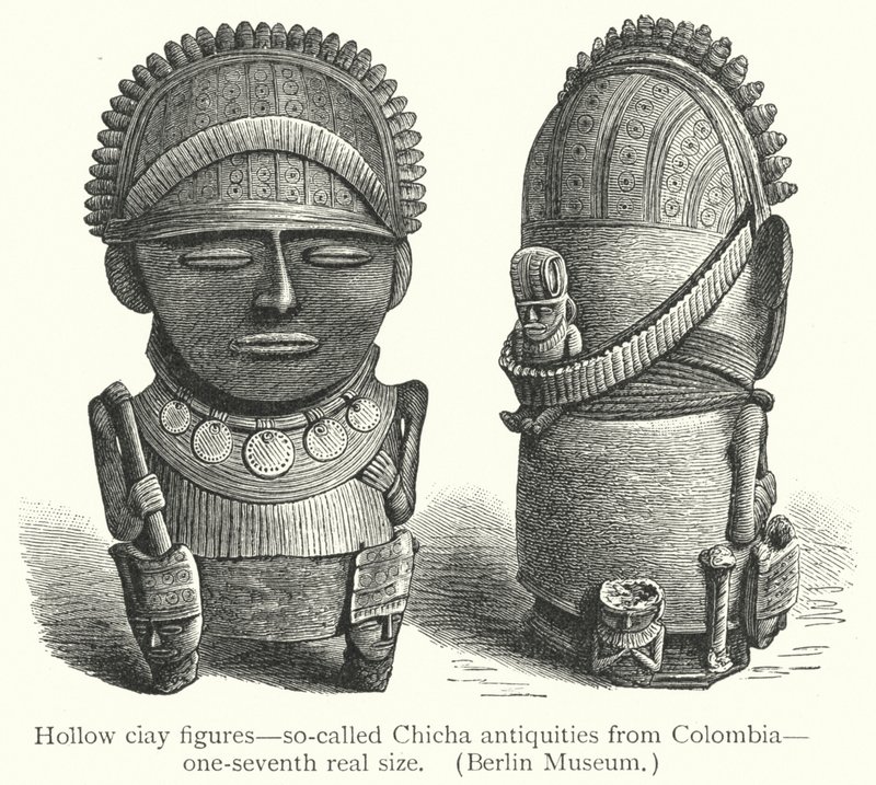 Hule ciay-figurer, såkalte Chicha-antikviteter fra Colombia (gravering) av European School