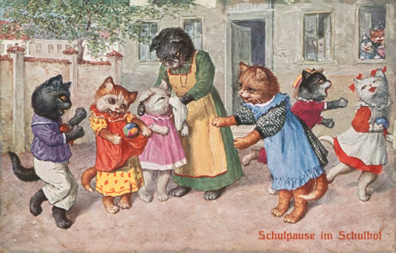 Humoristisk kattepostkort (fargelitografi) av European School