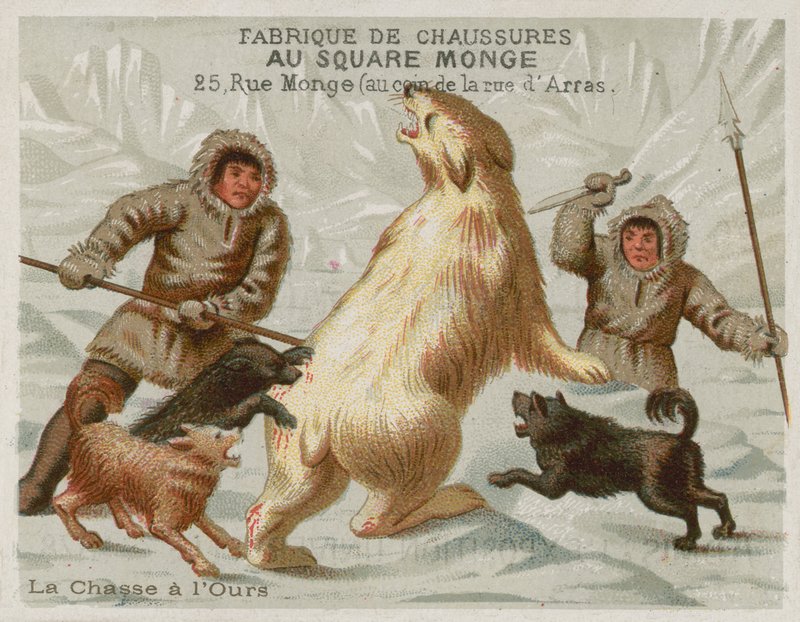 Jakt på isbjørn med hunder (chromolitho) av European School