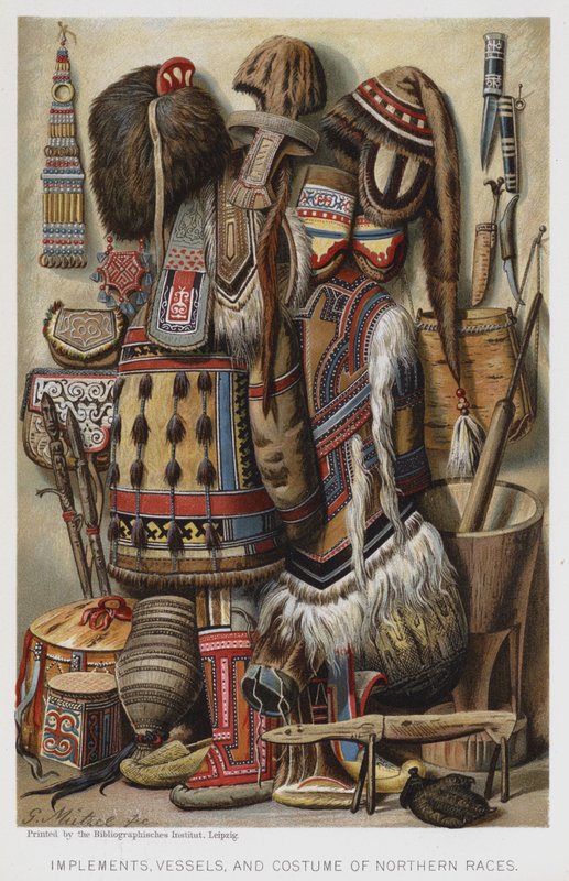 Redskaper, fartøy og kostyme til Northern Races (chromolitho) av European School