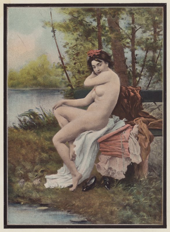 Indolence, kvinne som sitter på en benk (farge litho) av European School