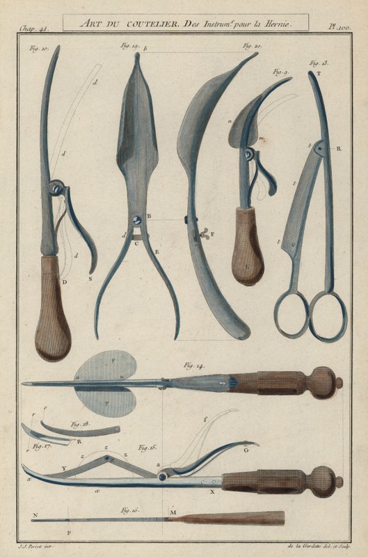 Instrumenter for brokkkirurgi (farget gravering) av European School