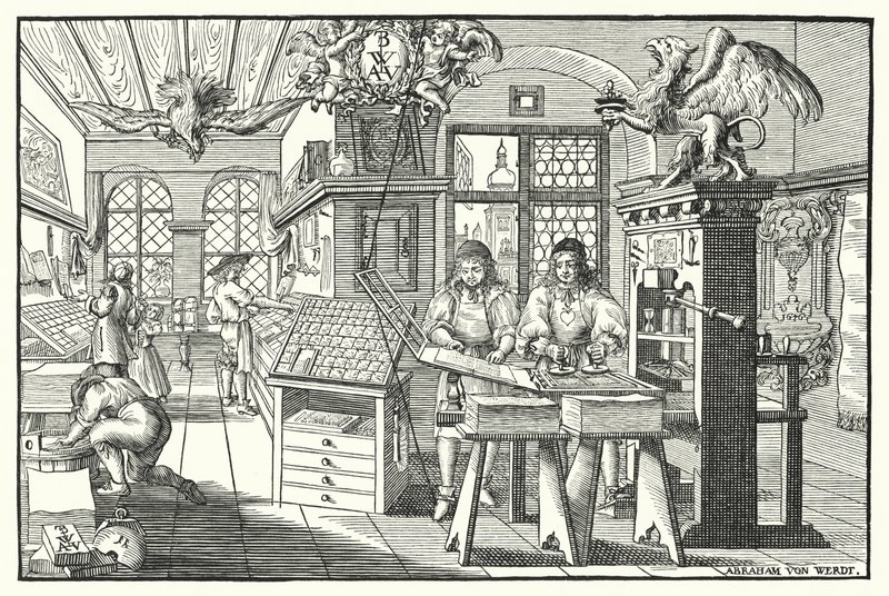 Interiør i et boktrykkerverksted, c1676 (gravering) av European School