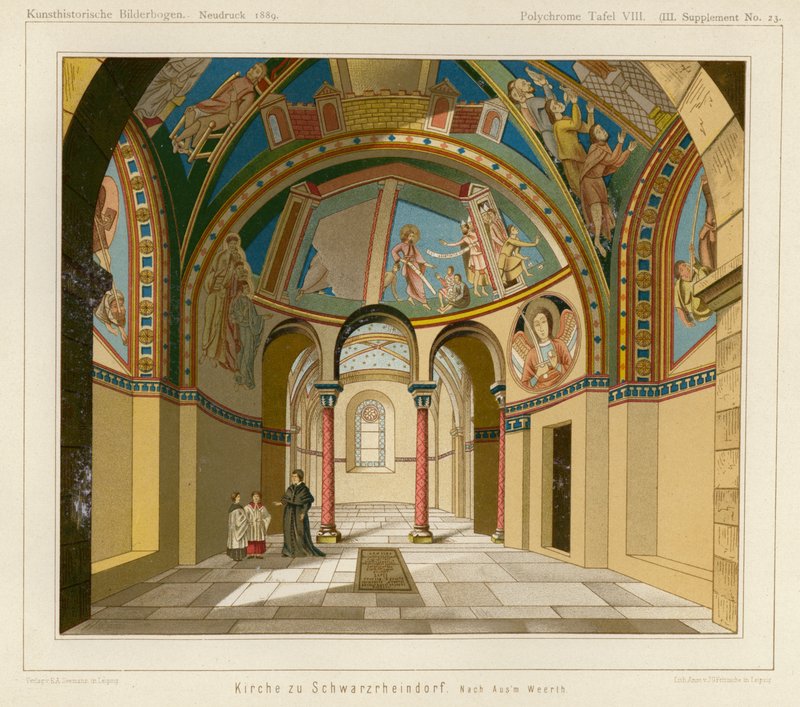 Interiør i kirken Schwarzrheindorf, Bonn, Tyskland (farge litho) av European School