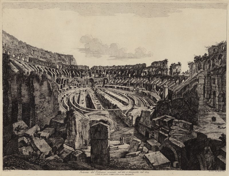 Interiør av Colosseum i Roma, gravd ut i 1813 og åpnet i 1814 (gravering) av European School