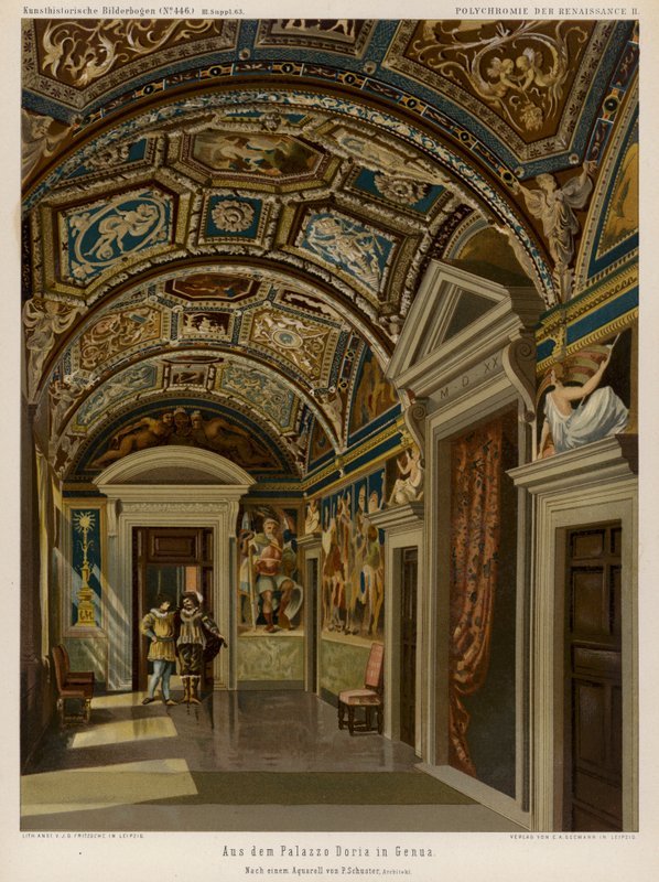 Interiør i Palazzo Doria, Genova, Italia (farge litho) av European School