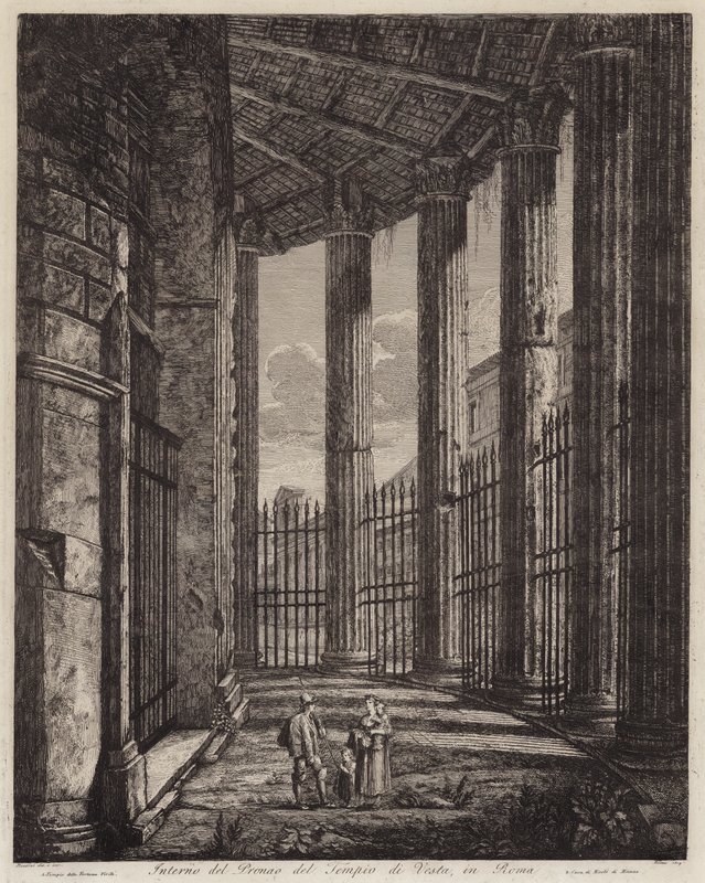 Interiør av portikoen til Vesta-tempelet, Roma, Italia (gravering) av European School