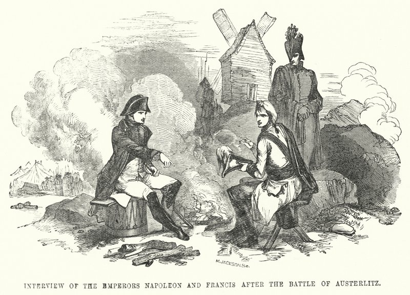 Intervju av keiserne Napoleon og Frans etter slaget ved Austerlitz (gravering) av European School