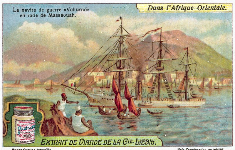 Italiensk krigsskip Volturno i havnen i Massawa, Eritrea (chromolitho) av European School