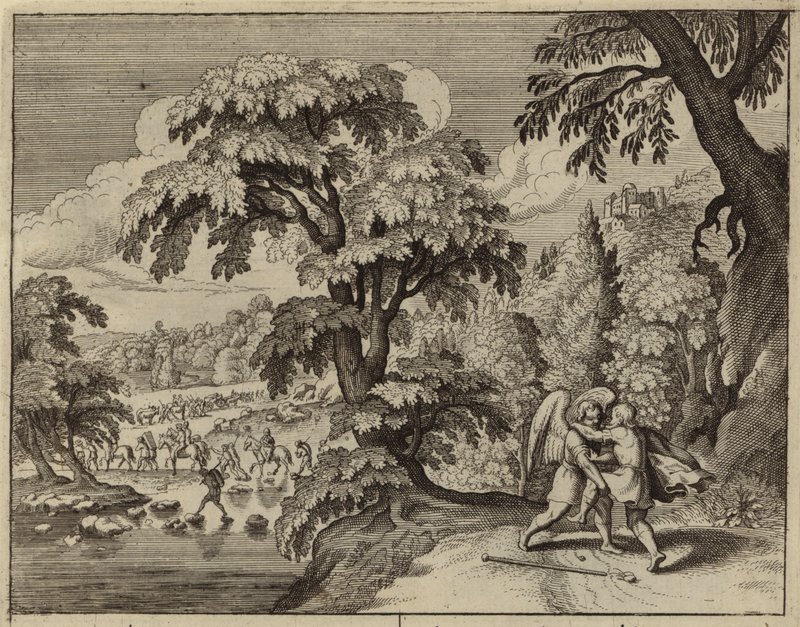 Jakob bryter engelen (gravering) av European School