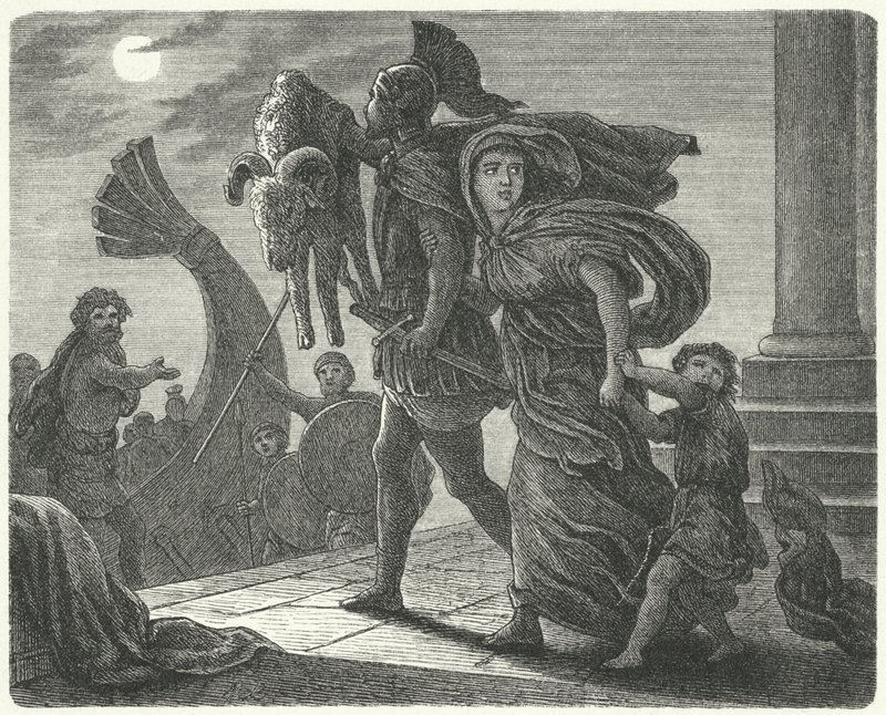 Jason rømmer fra Colchis med Medea og det gylne skinn på Argo (gravering) av European School