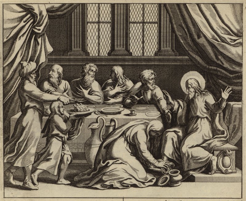 Jesus Kristus salvet av en syndig kvinne i huset til fariseeren Simon (gravering) av European School