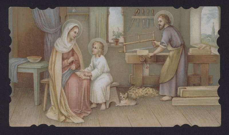 Jesus Kristus som en gutt med sin mor, Maria, i Josefs snekkerverksted (chromolitho) av European School
