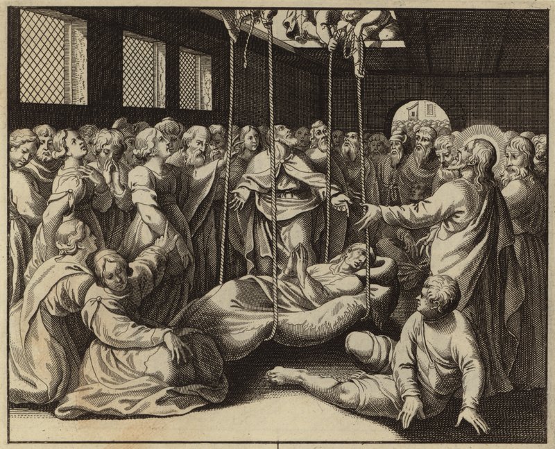Jesus Kristus helbreder en lam mann (gravering) av European School