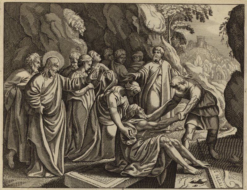 Jesus Kristus vekker Lasarus fra de døde (gravering) av European School