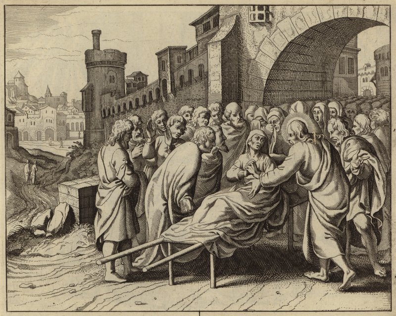 Jesus Kristus vekker sønnen til enken i Nain fra de døde (gravering) av European School