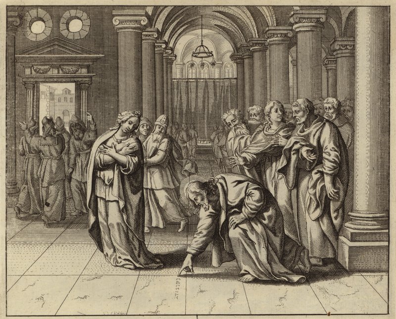 Jesus og kvinnen tatt i utroskap (gravering) av European School