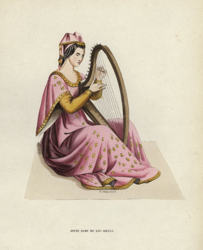 Ung dame fra 1300-tallet (farget gravering) av European School