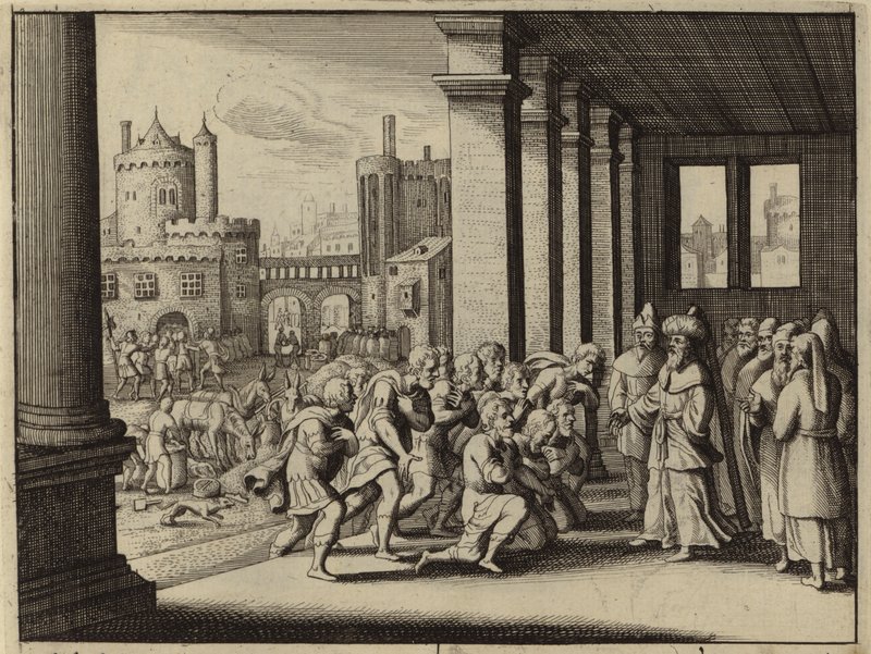 Joseph, som storvesir av Egypt, anklaget halvbrødrene sine for å være spioner (gravering) av European School