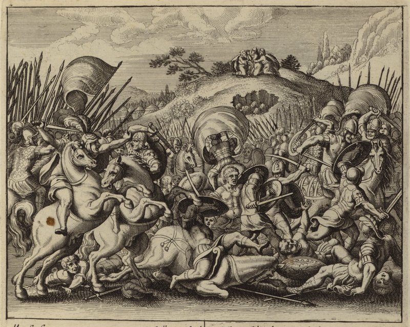 Josva og israelittene beseirer amalekittene mens Moses ber på en fjelltopp (gravering) av European School