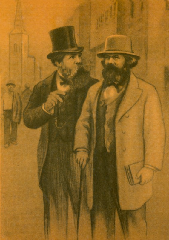 Karl Marx og Friedrich Engels, tyske kommunistiske filosofer og økonomer (fargelitografi) av European School