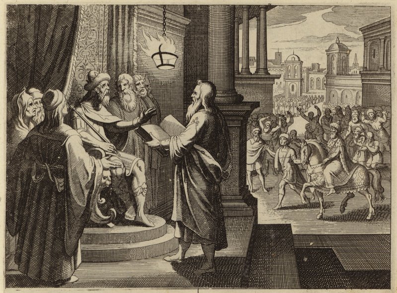 Kong Ahasverus beordret at boken som forteller om hans regjeringstid skulle bringes og leses for ham (gravering) av European School