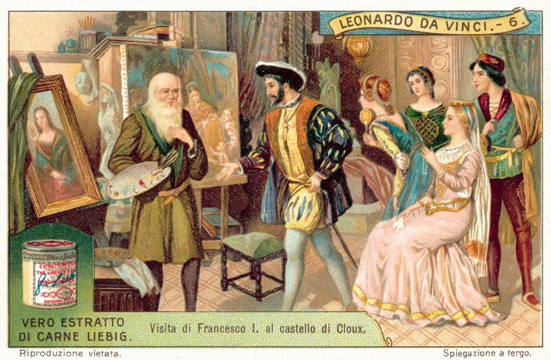 Kong Frans I av Frankrike besøker Leonardo da Vinci på Clos Luce (chromolitho) av European School
