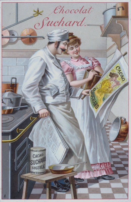 Kjøkkenscene, reklame for Suchard kakao (chromolitho) av European School