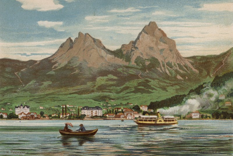 Vierwaldstättersee: Brunnen (farge litho) av European School