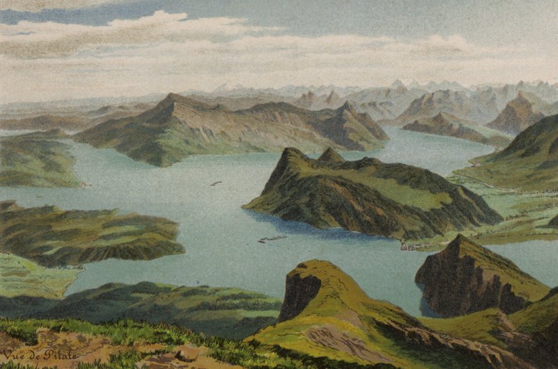 Vierwaldstättersee: Utsikt fra Pilatus (farge litho) av European School