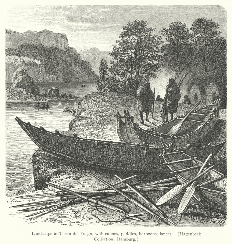Landskap i Tierra del Fuego, med kanoer, årer, harpuner, lanser (gravering) av European School