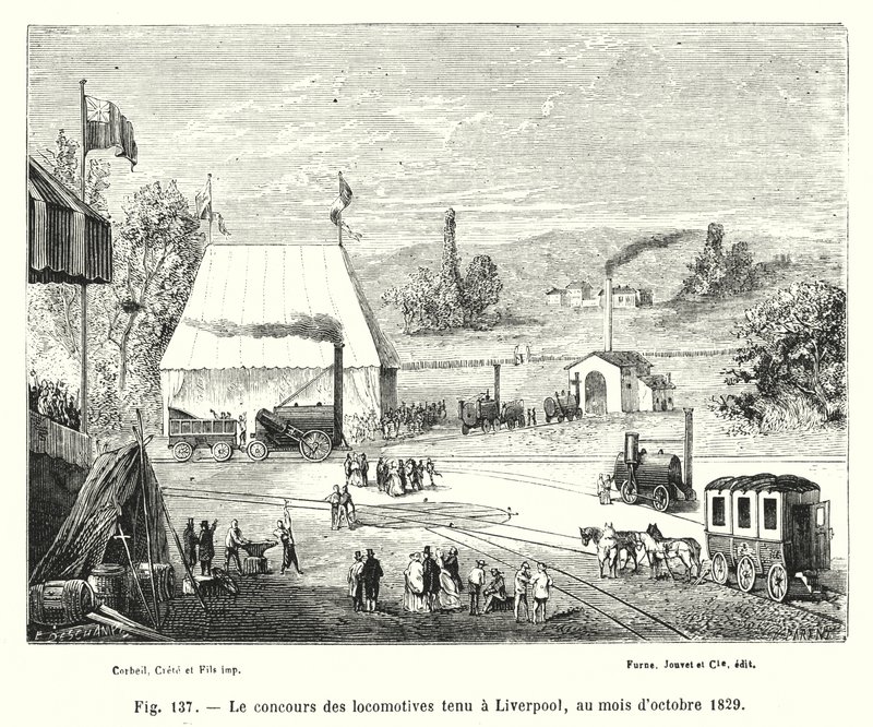 Lokomotivkonkurransen holdt i Liverpool, oktober 1829 (gravering) av European School