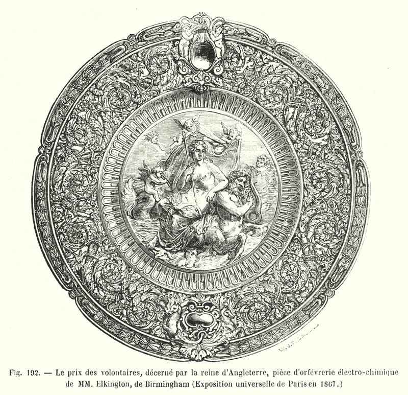Prisen for frivillige, tildelt av dronningen av England, stykke elektrokjemisk gullsmedarbeid av MM Elkington, Birmingham, universell utstilling i Paris i 1867 (gravering) av European School