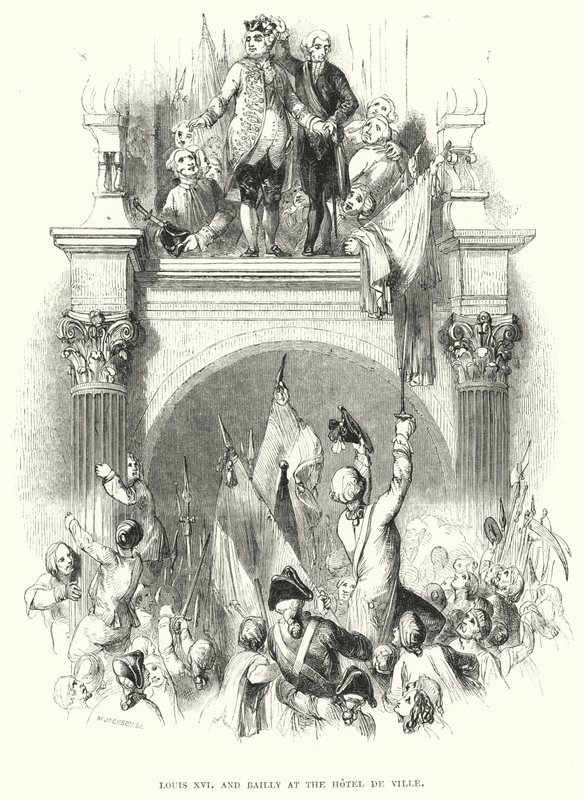 Louis XVI og Bailly på Hotel de Ville (gravering) av European School