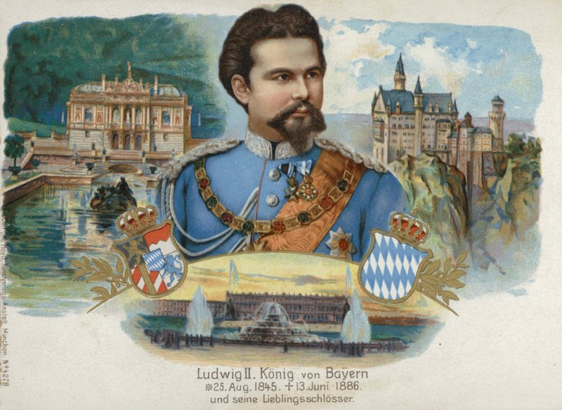 Ludwig II, kongen av Bayern, og hans favorittslott (chromolitho) av European School