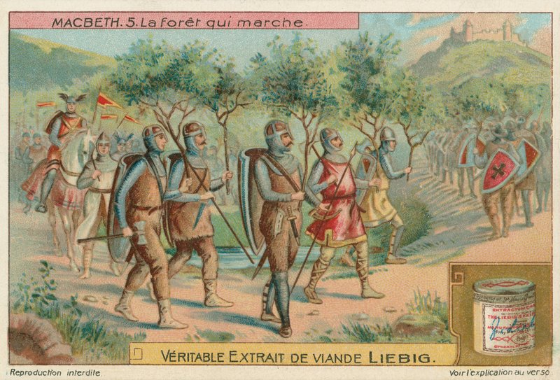 Macbeth. Skogen som marsjerte, Liebig-kort, tidlig på 1900-tallet (kromo) av European School