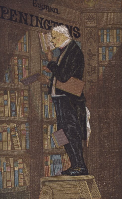Mann på toppen av en trappestige i en bokhandel (farge litho) av European School